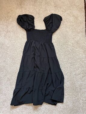 Black Puff-Sleeve Tiered Maxi Dress